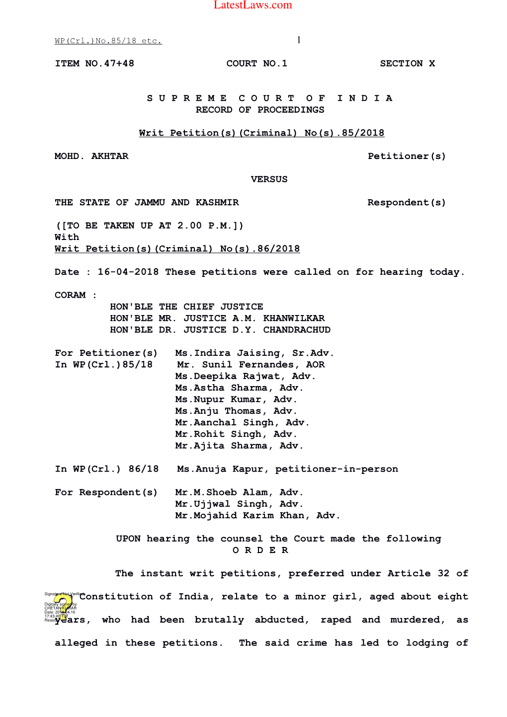 Supreme Court Order in Kathua Rape Case