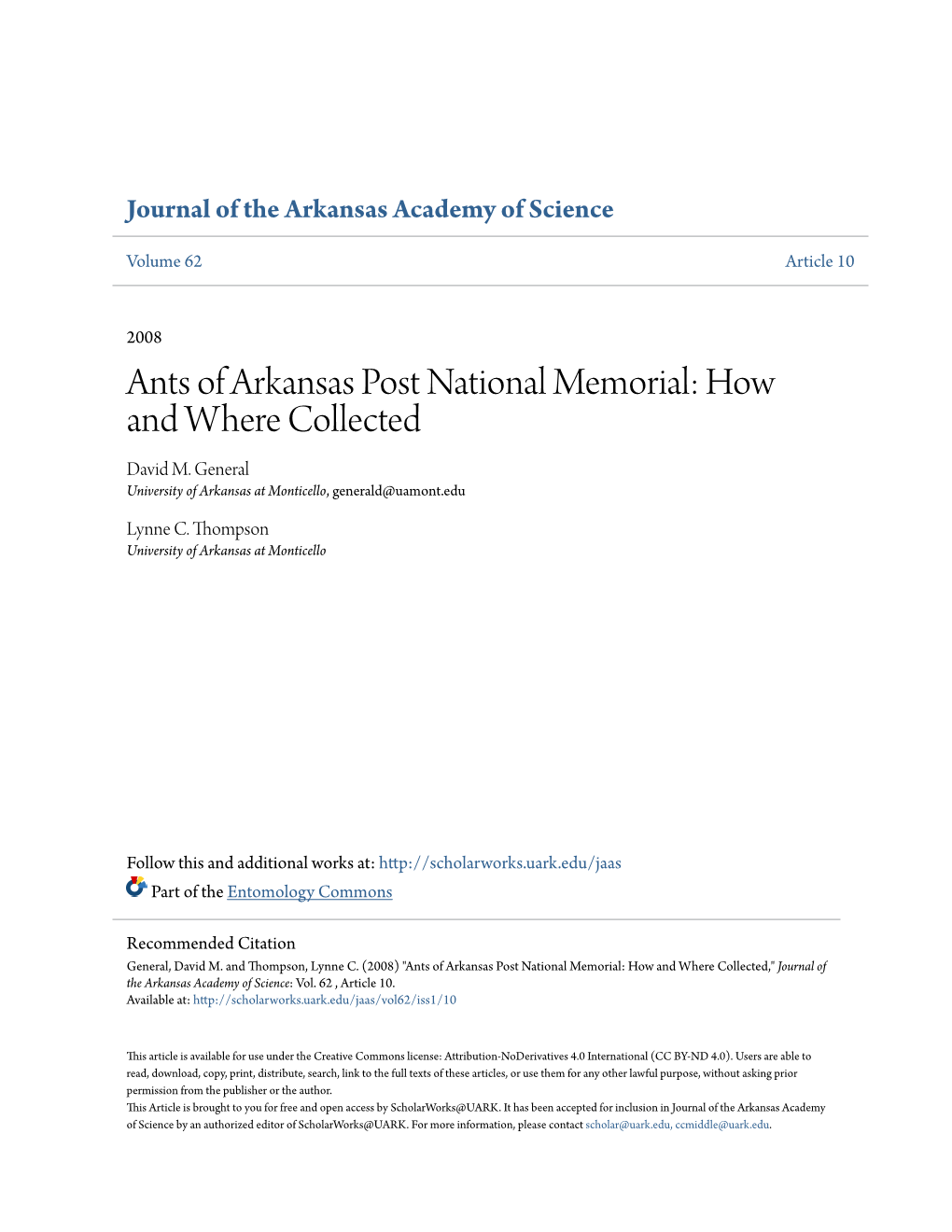 Ants of Arkansas Post National Memorial: How and Where Collected David M