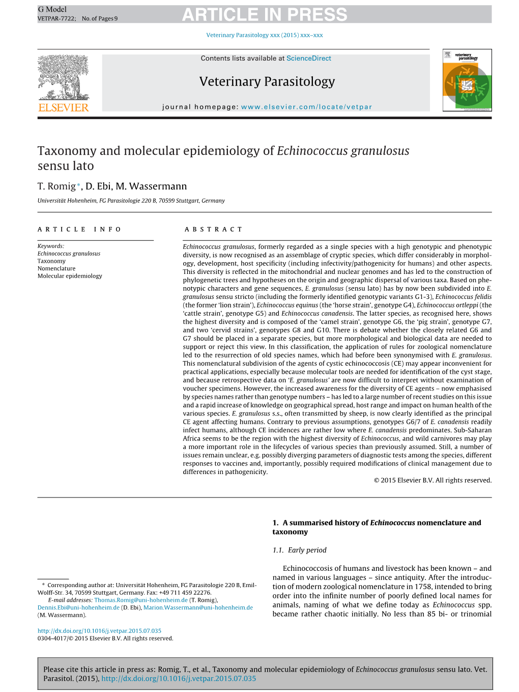 Taxonomy and Molecular Epidemiology of Echinococcus Granulosus