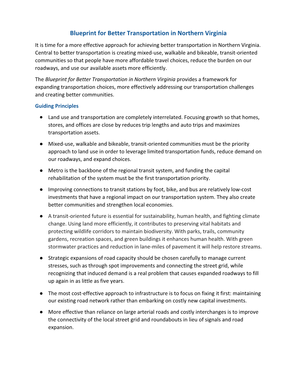 Blueprint for Better Transportation in Northern Virginia It Is Time for a More Effective Approach for Achieving Better Transportation in Northern Virginia