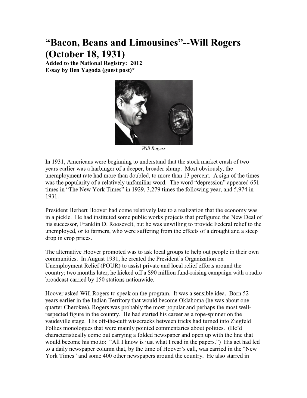 “Bacon, Beans and Limousines”--Will Rogers (October 18, 1931) Added to the National Registry: 2012 Essay by Ben Yagoda (Guest Post)*