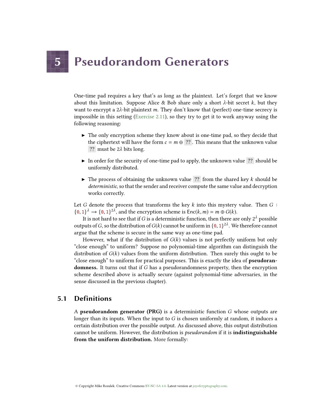 5 Pseudorandom Generators