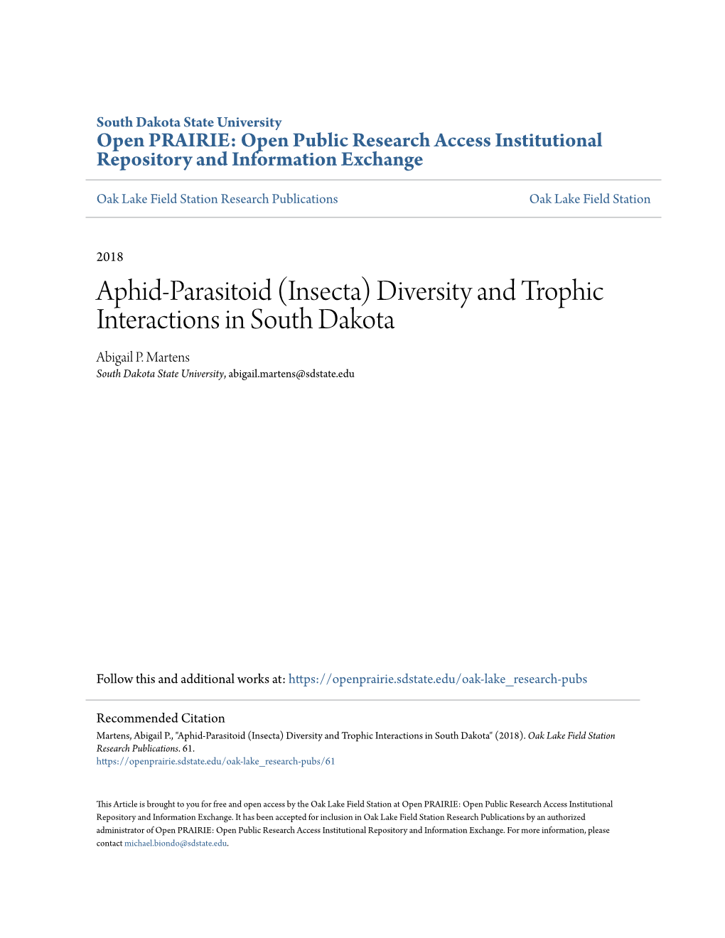 Aphid-Parasitoid (Insecta) Diversity and Trophic Interactions in South Dakota Abigail P