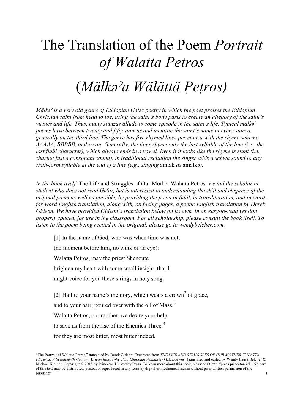 The Translation of the Poem Portrait of Walatta Petros (Mälkəˀa Wälättä Peṭros)̣