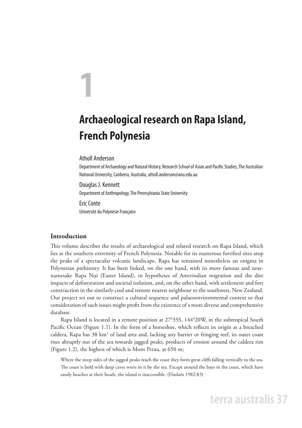 Archaeological Research on Rapa Island, French Polynesia