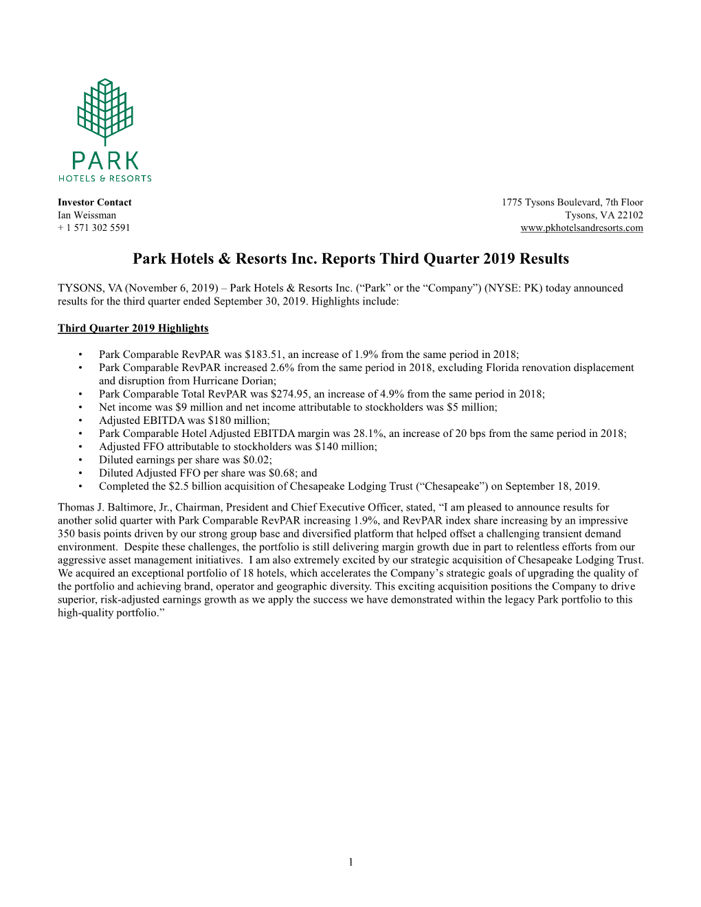 Third Quarter 2019 Earnings Press Release