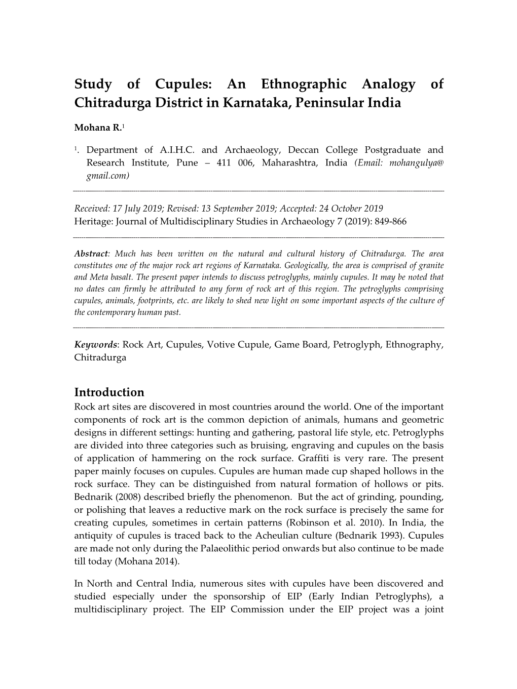 Study of Cupules: an Ethnographic Analogy of Chitradurga District in Karnataka, Peninsular India