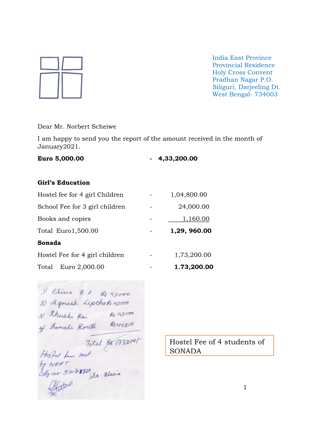 Hostel Fee of 4 Students of SONADA