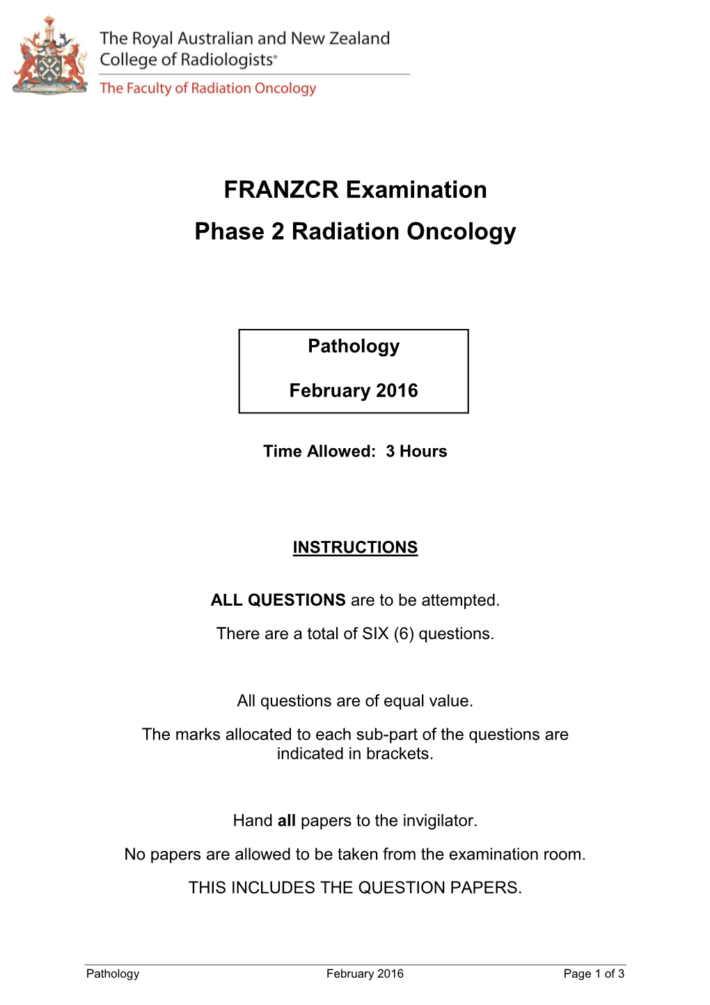 FRANZCR Examination Phase 2 Radiation Oncology