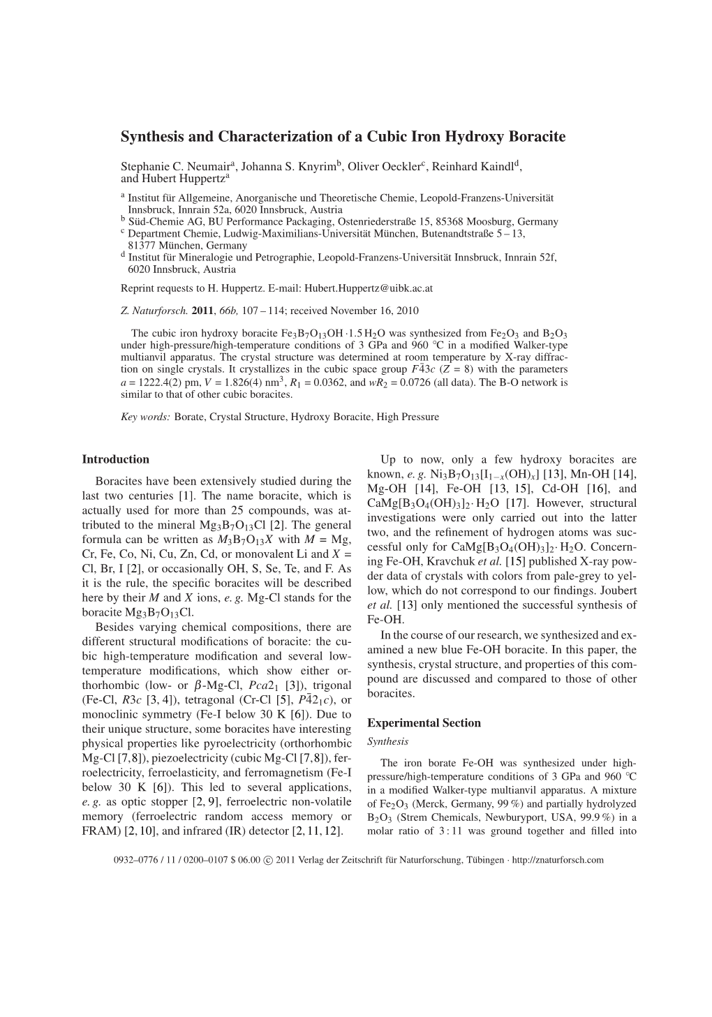 Synthesis and Characterization of a Cubic Iron Hydroxy Boracite