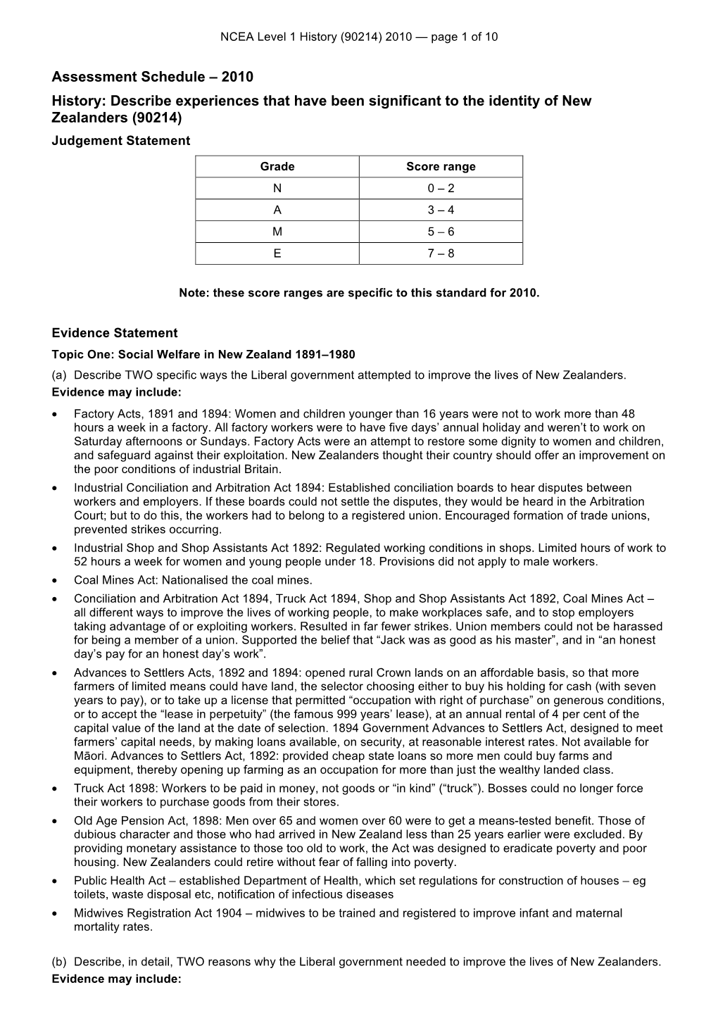 Level 1 History (90214) 2010 Assessment Schedule