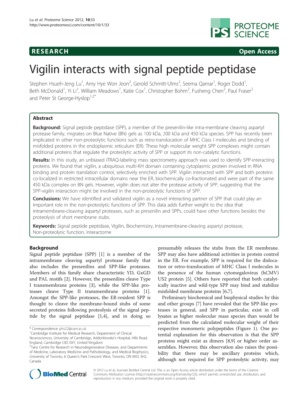 Vigilin Interacts with Signal Peptide Peptidase