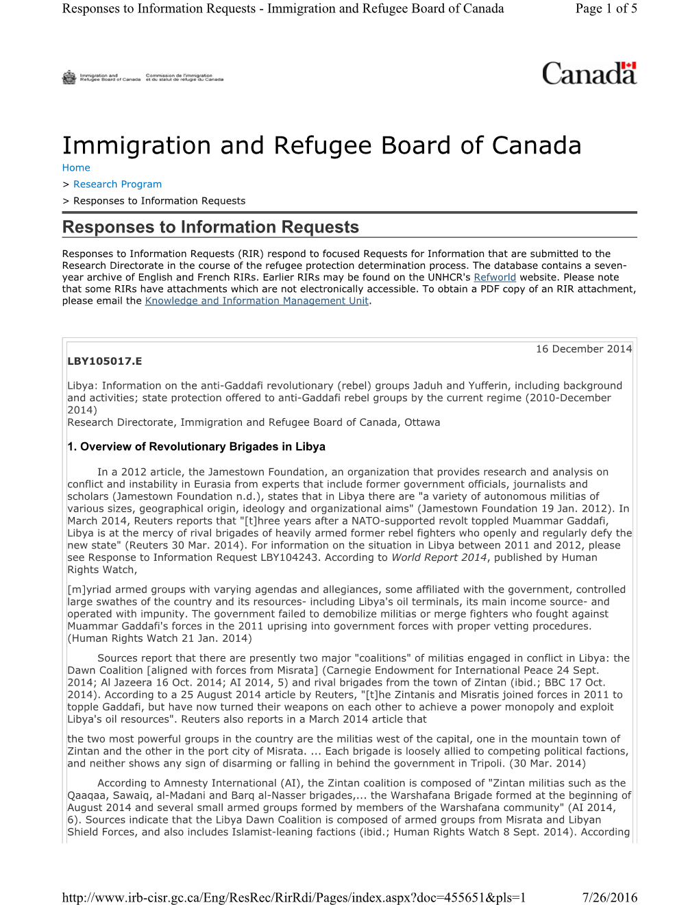 Immigration and Refugee Board of Canada Page 1 of 5