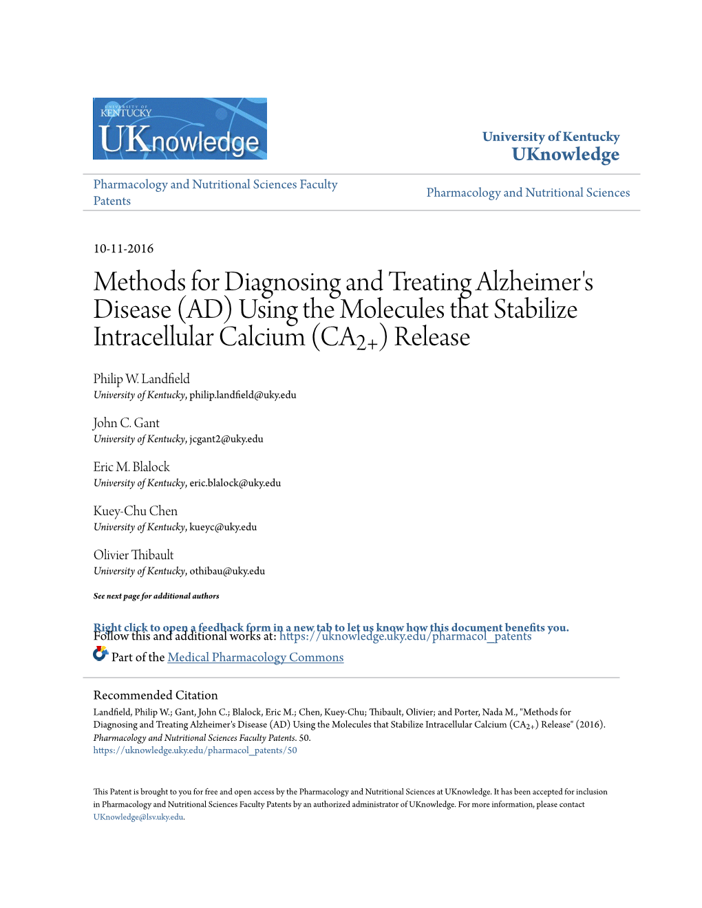 Methods for Diagnosing and Treating Alzheimer's Disease (AD) Using the Molecules That Stabilize Intracellular Calcium (CA2+) Release