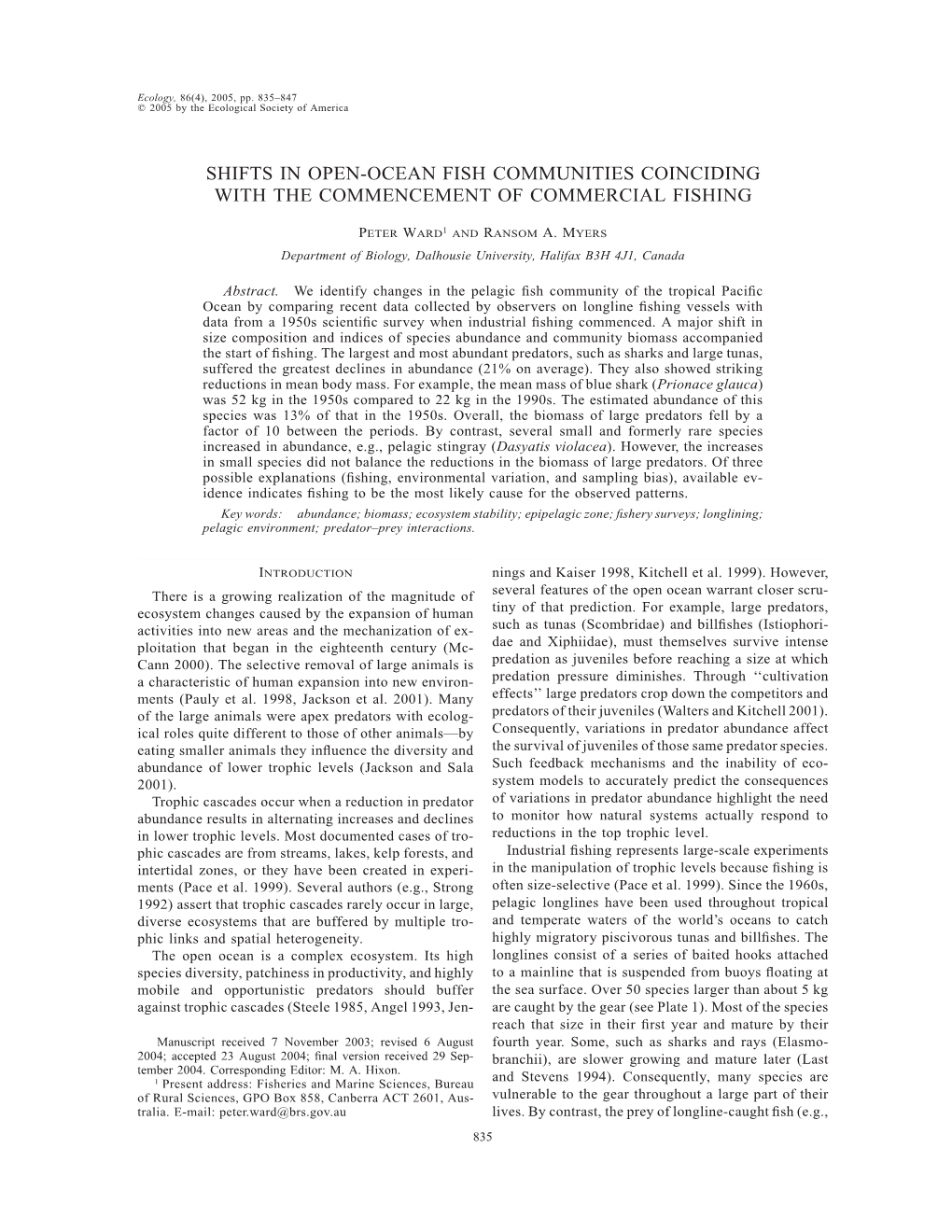 Shifts in Open-Ocean Fish Communities Coinciding with the Commencement of Commercial Fishing