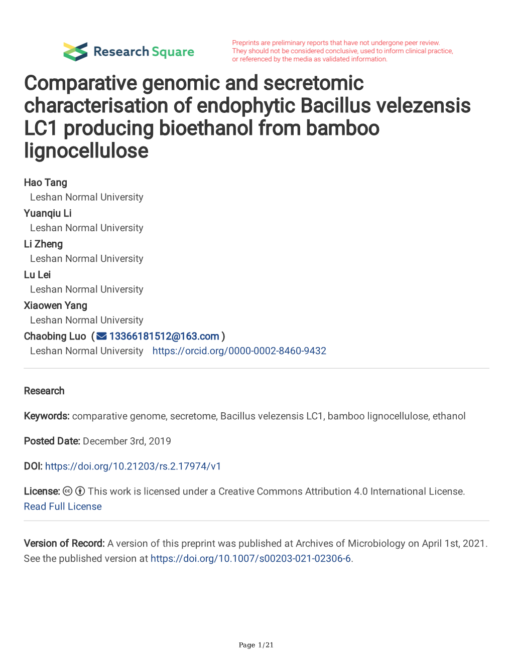 Comparative Genomic and Secretomic Characterisation of Endophytic Bacillus Velezensis LC1 Producing Bioethanol from Bamboo Lignocellulose