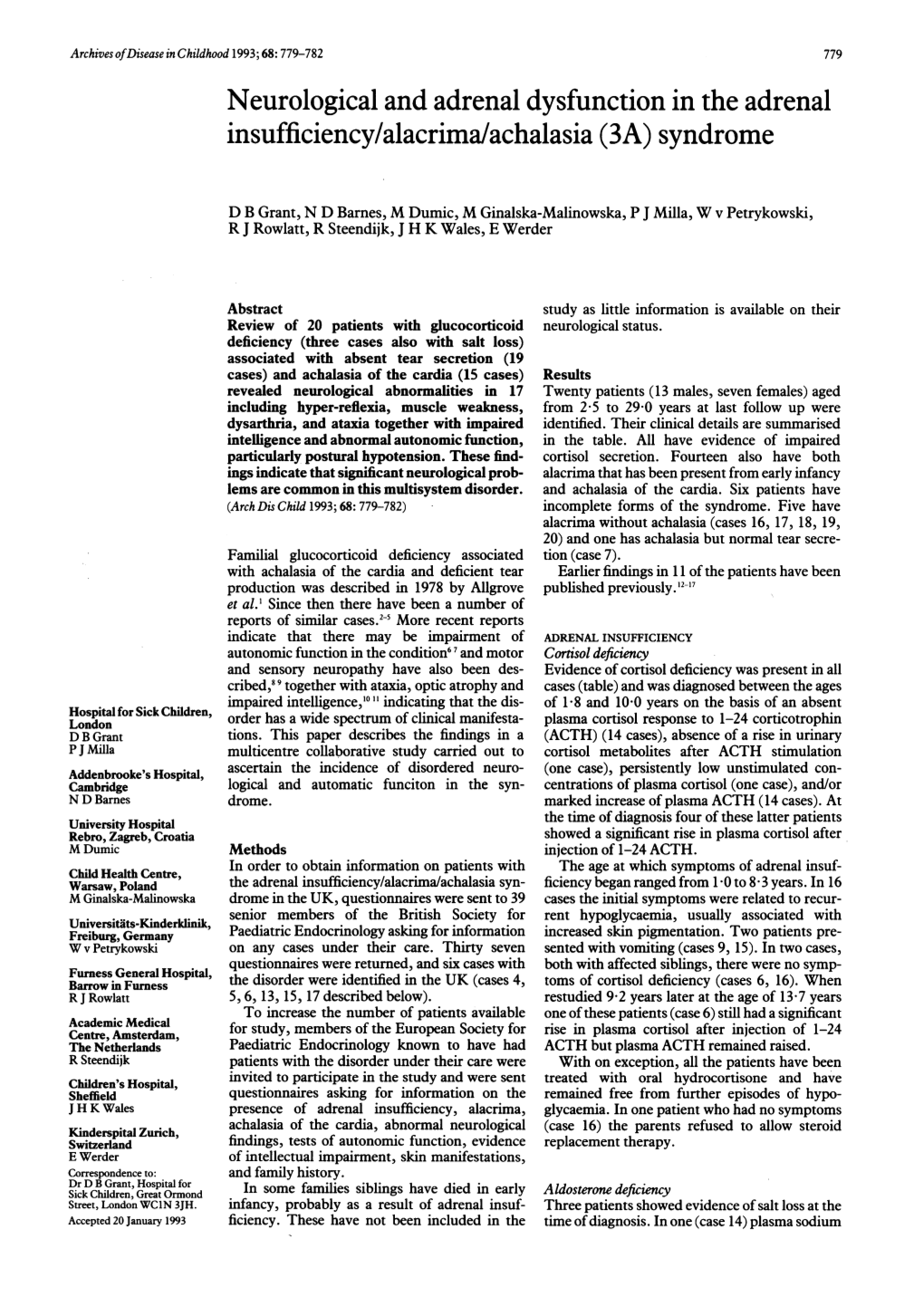 Neurological and Adrenal Dysfunction in the Adrenal Insufficiency/Alacrima/Achalasia (3A) Syndrome