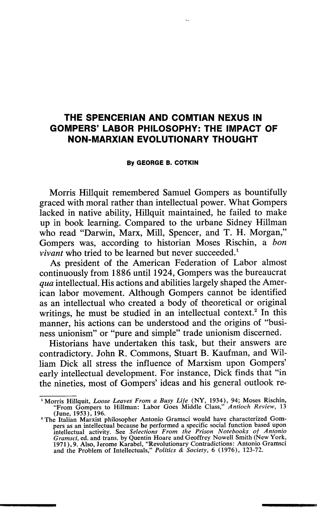 The Spencerian and Comtian Nexus in Gompers' Labor Philosophy: the Impact of Non-Marxian Evolutionary Thought