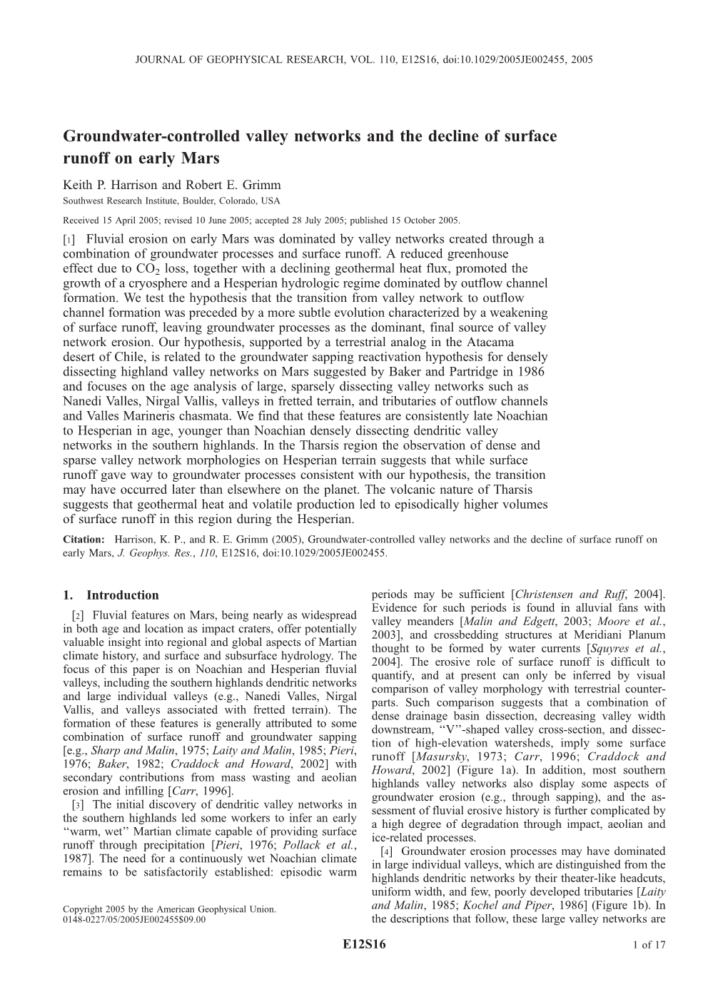 Groundwater-Controlled Valley Networks and the Decline of Surface Runoff on Early Mars Keith P