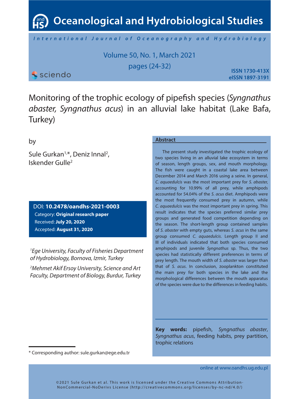 Monitoring of the Trophic Ecology of Pipefish Species (Syngnathus Abaster, Syngnathus Acus) in an Alluvial Lake Habitat (Lake Bafa, Turkey)