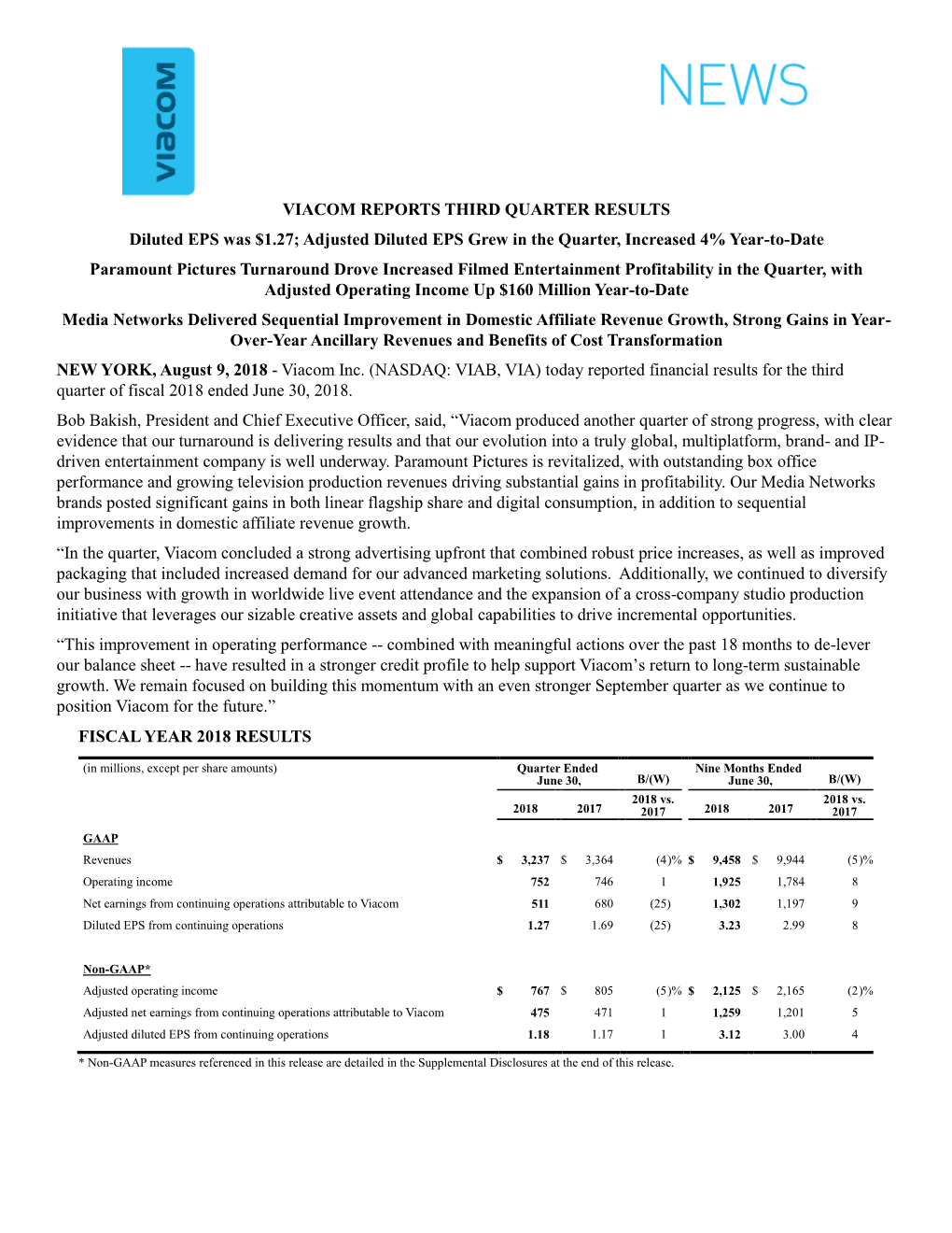 VIACOM REPORTS THIRD QUARTER RESULTS Diluted EPS