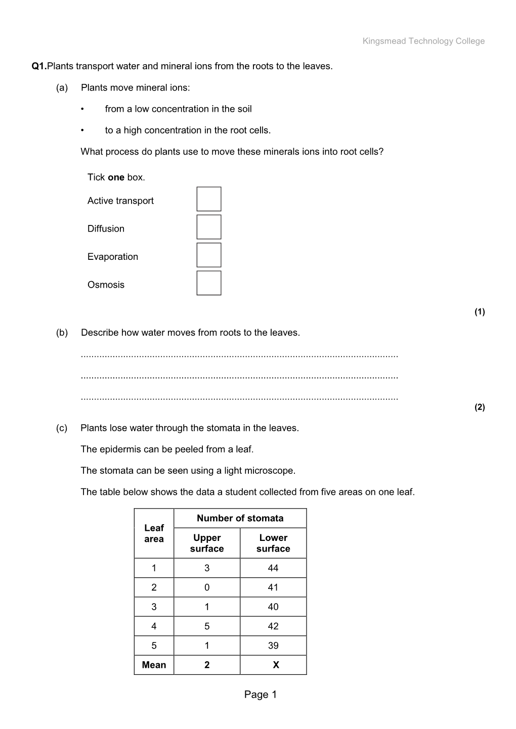 Q1.Plants Transport Water and Mineral Ions from the Roots to the Leaves