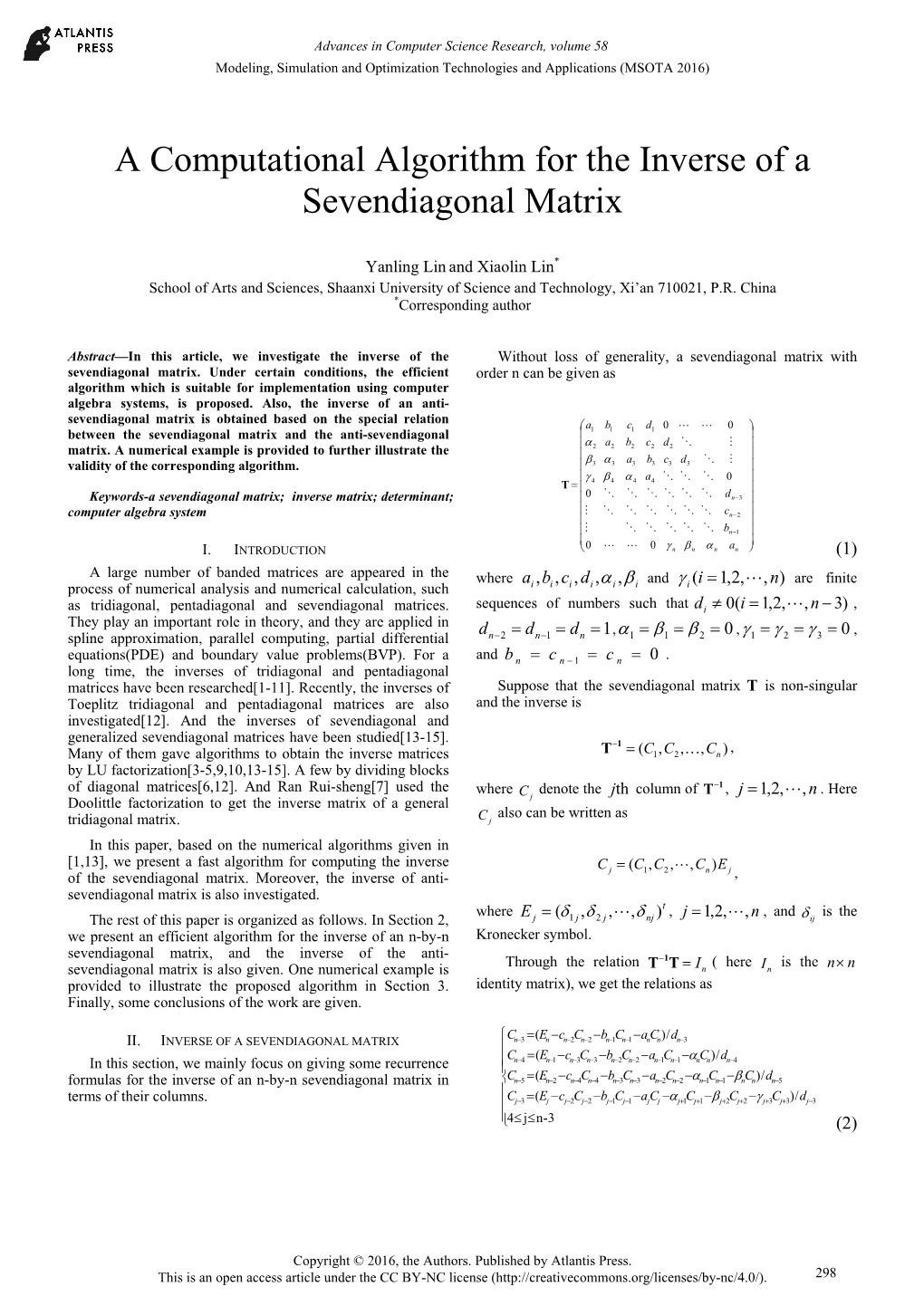 A Computational Algorithm for the Inverse of a Sevendiagonal Matrix