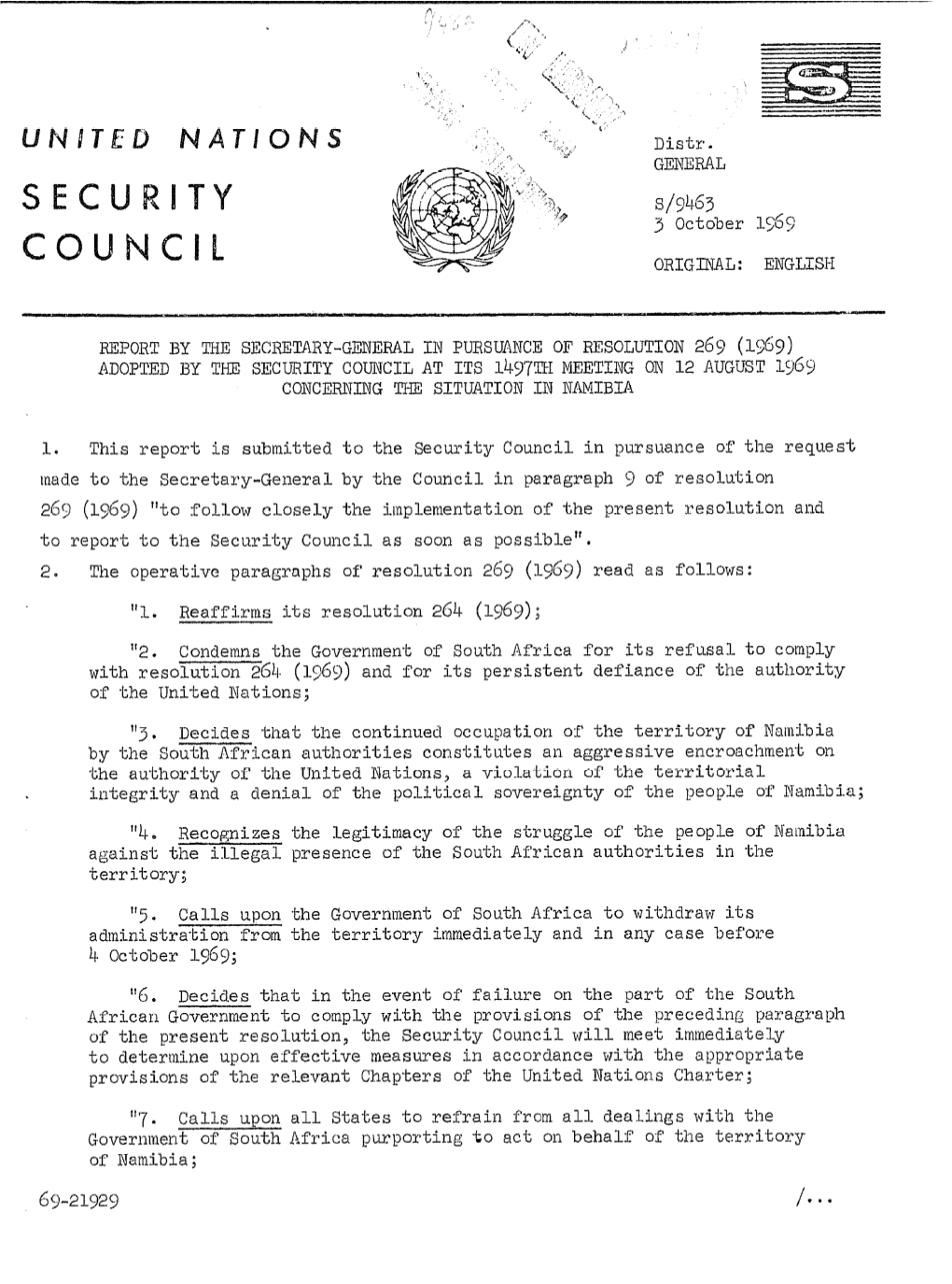 Wport by the Secretary-General in Pursuance of Resolution 269 (1969) Adopted by The: Security Council at Its 1497331 Meetixg On