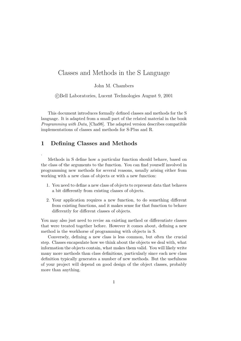 Classes and Methods in the S Language