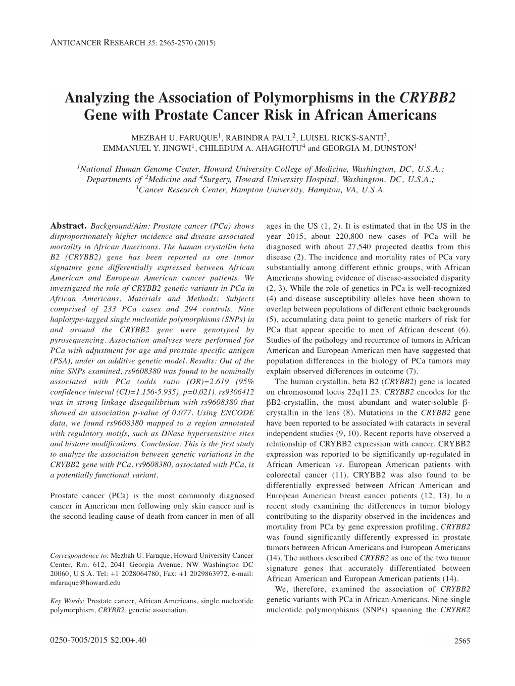 Analyzing the Association of Polymorphisms in the CRYBB2 Gene with Prostate Cancer Risk in African Americans