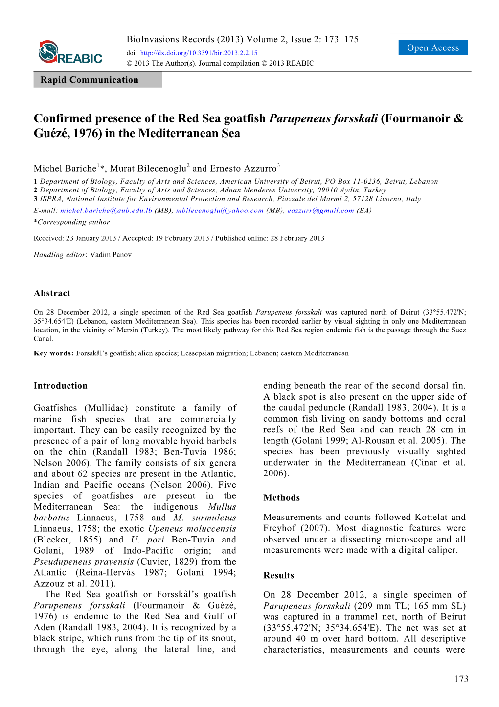 Confirmed Presence of the Red Sea Goatfish Parupeneus Forsskali (Fourmanoir & Guézé, 1976) in the Mediterranean Sea