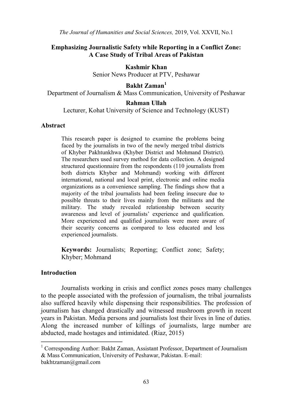 Emphasizing Journalistic Safety While Reporting in a Conflict Zone: a Case Study of Tribal Areas of Pakistan