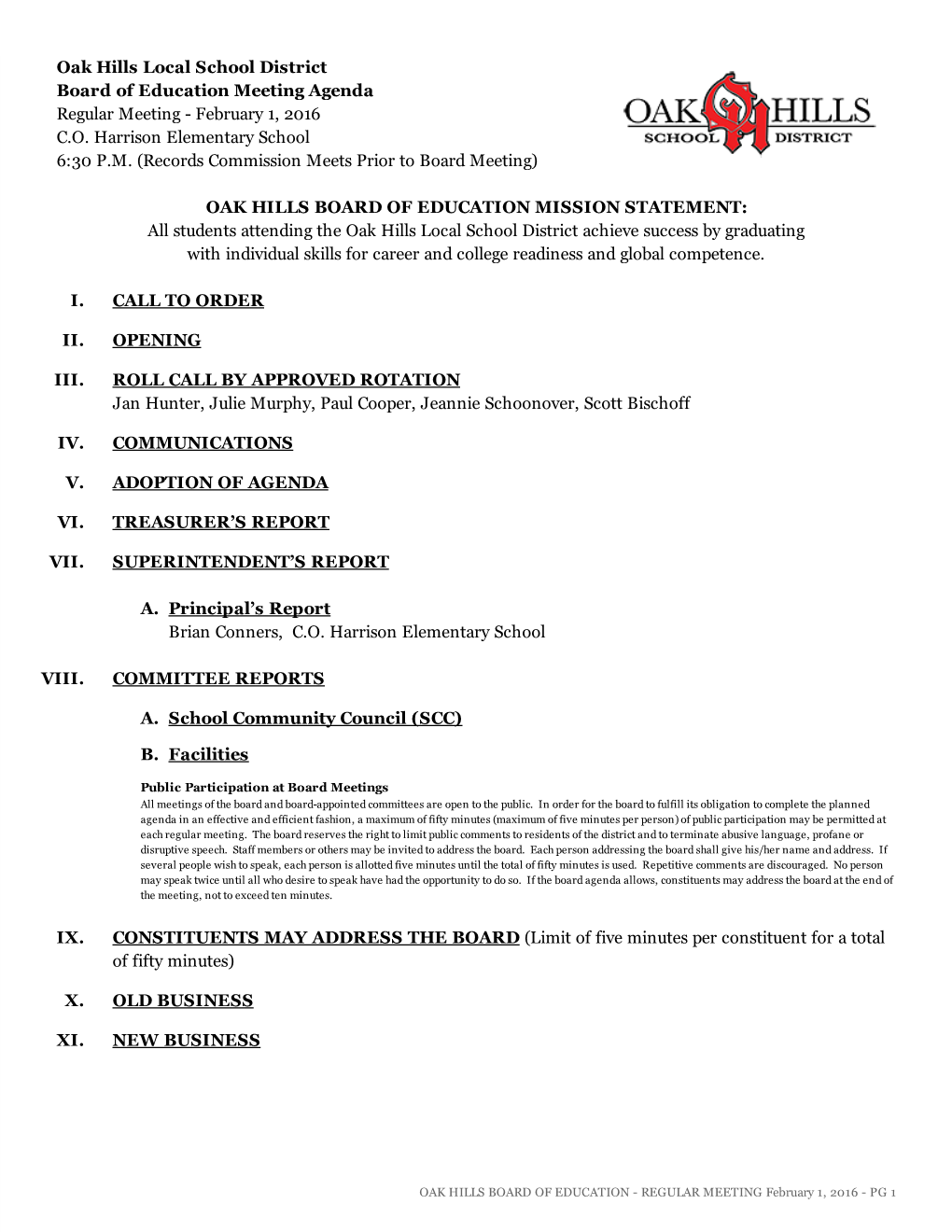 Oak Hills Local School District Board of Education Meeting Agenda Regular Meeting ­ February 1, 2016 C.O