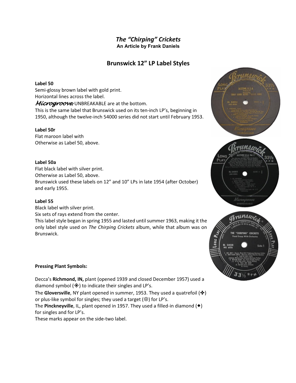 The “Chirping” Crickets Brunswick 12” LP Label Styles