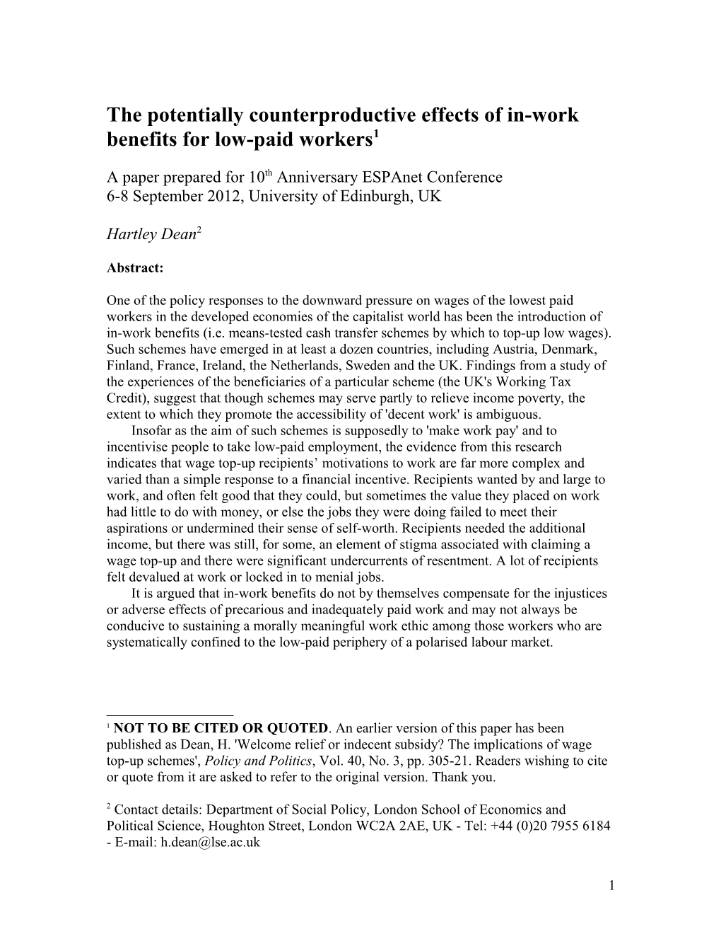 The Potentially Counterproductive Effects of In-Work Benefits for Low-Paid Workers 1