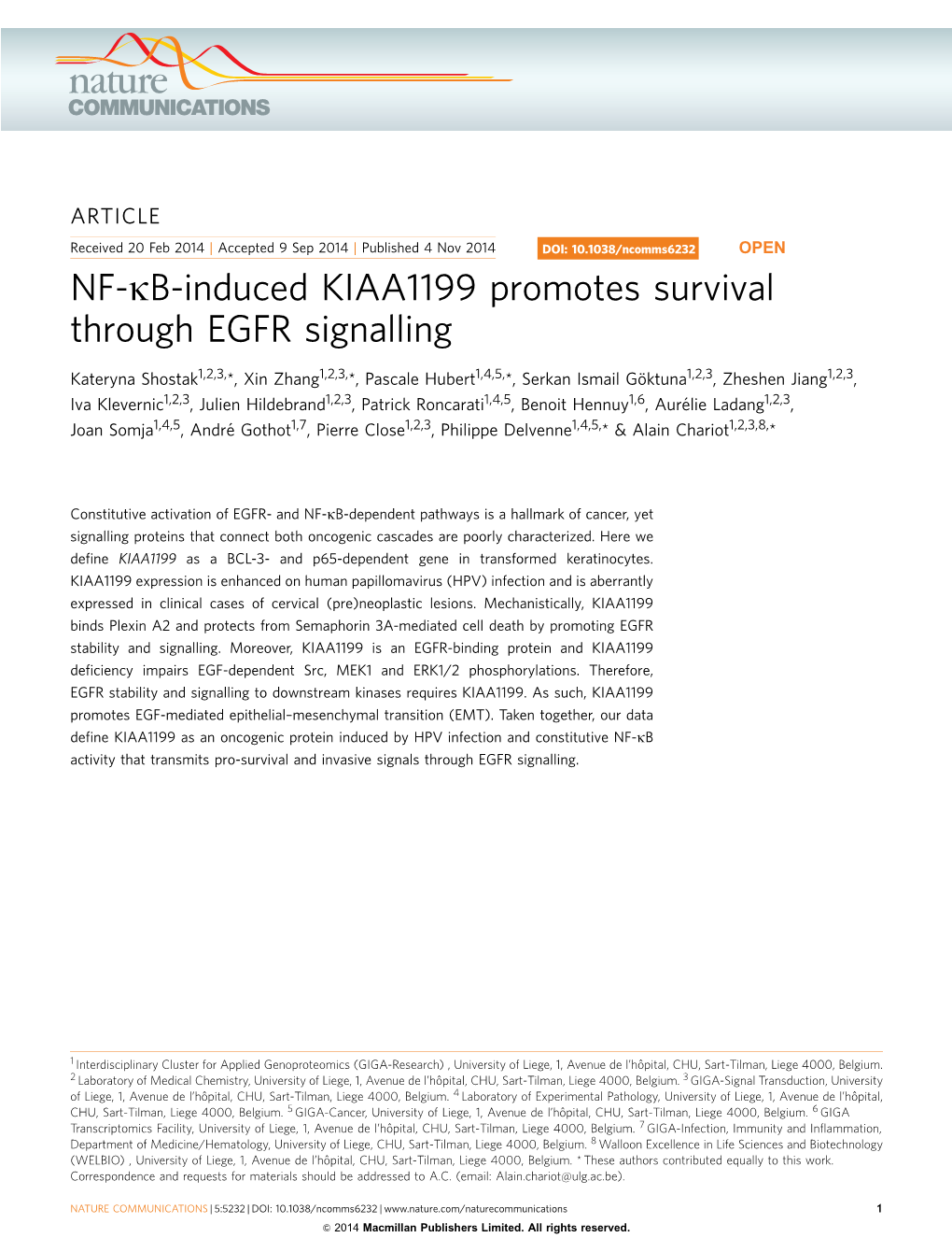 B-Induced KIAA1199 Promotes Survival Through EGFR Signalling