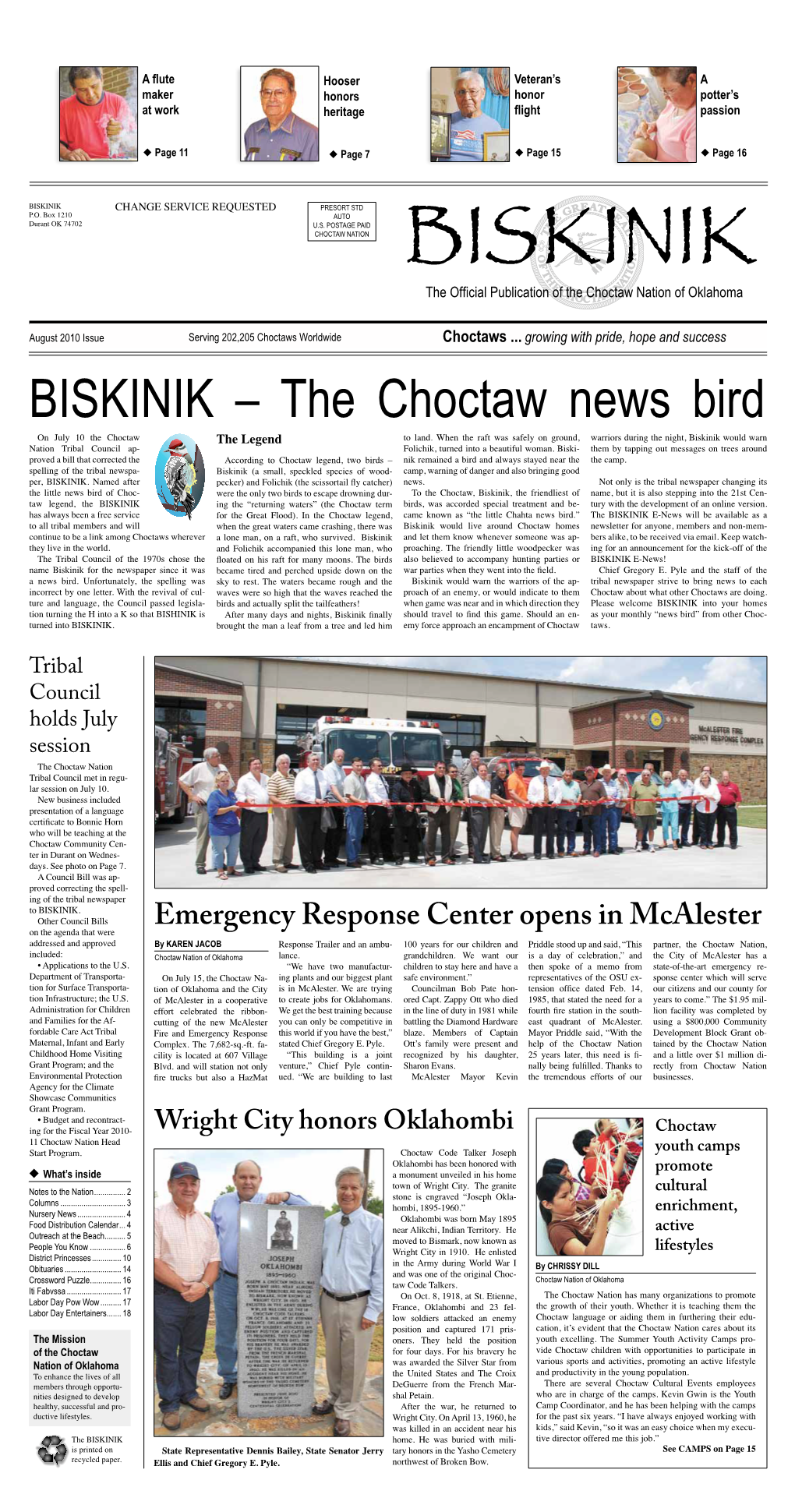 BISKINIK – the Choctaw News Bird on July 10 the Choctaw the Legend to Land