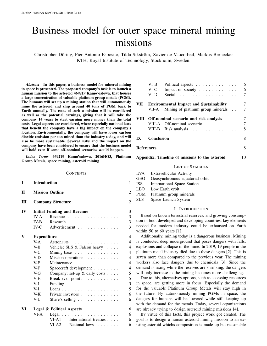 Business Model for Outer Space Mineral Mining Missions