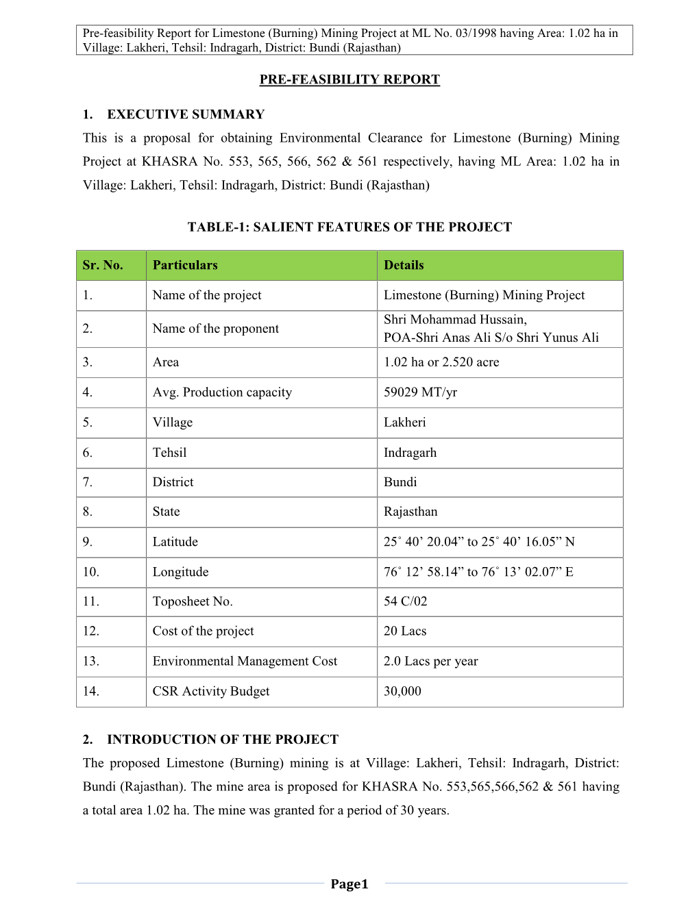 Pre-Feasibility Report for Limestone (Burning) Mining Project at ML No