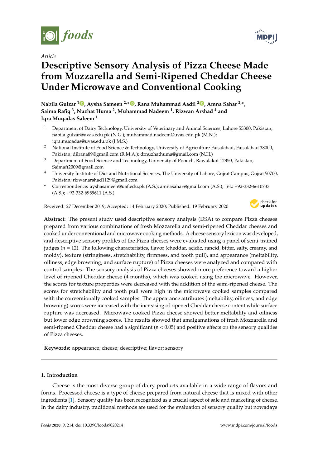 Descriptive Sensory Analysis of Pizza Cheese Made from Mozzarella and Semi-Ripened Cheddar Cheese Under Microwave and Conventional Cooking