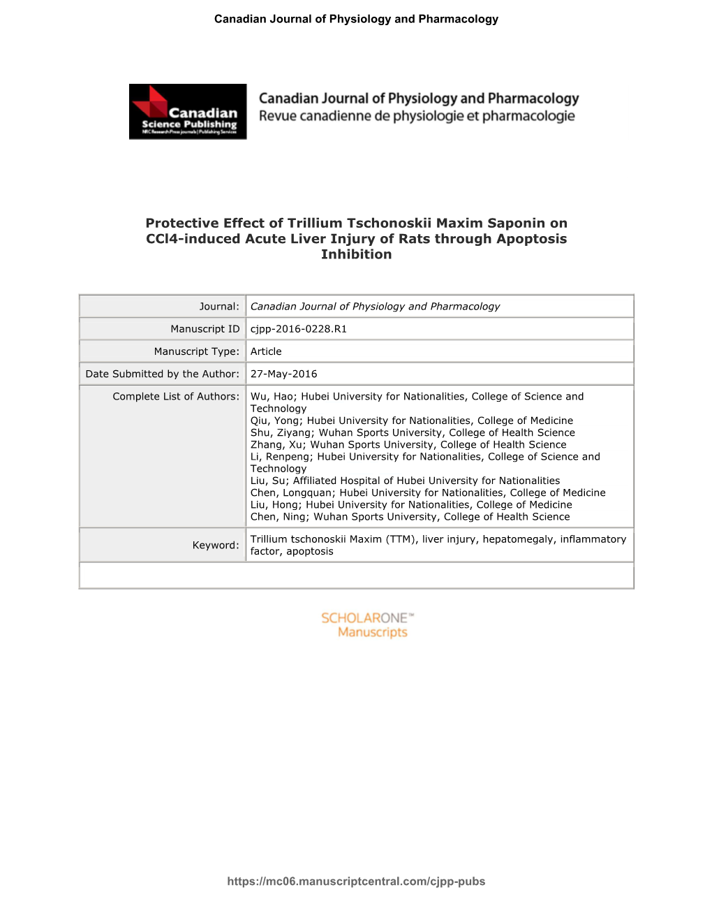 Protective Effect of Trillium Tschonoskii Maxim Saponin on Ccl4-Induced Acute Liver Injury of Rats Through Apoptosis Inhibition