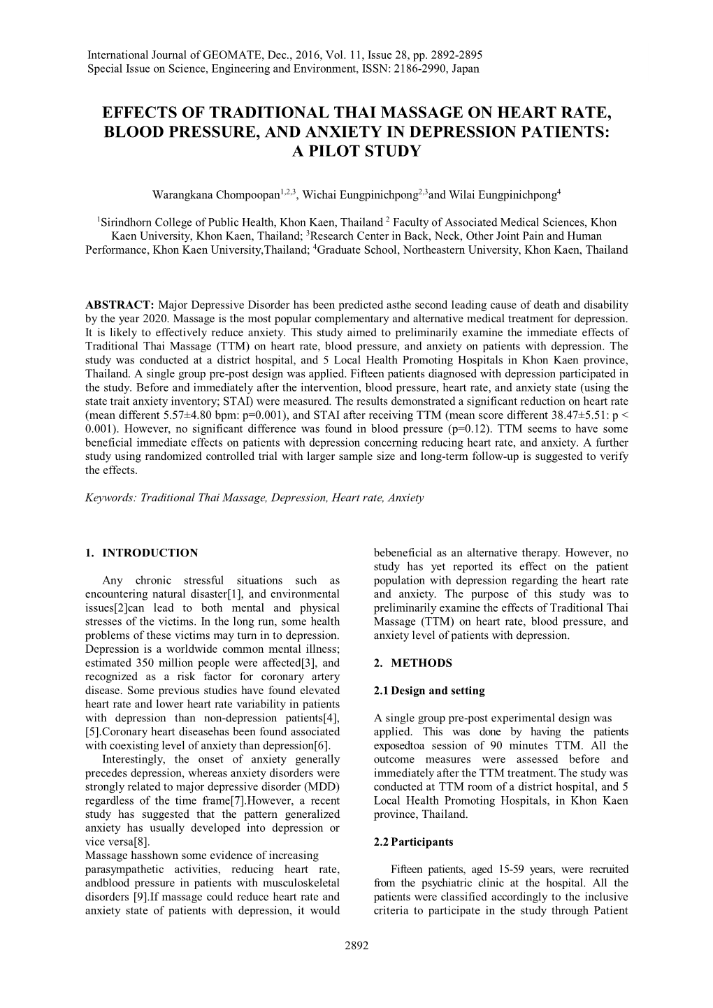 Effects of Traditional Thai Massage on Heart Rate, Blood Pressure, and Anxiety in Depression Patients: a Pilot Study