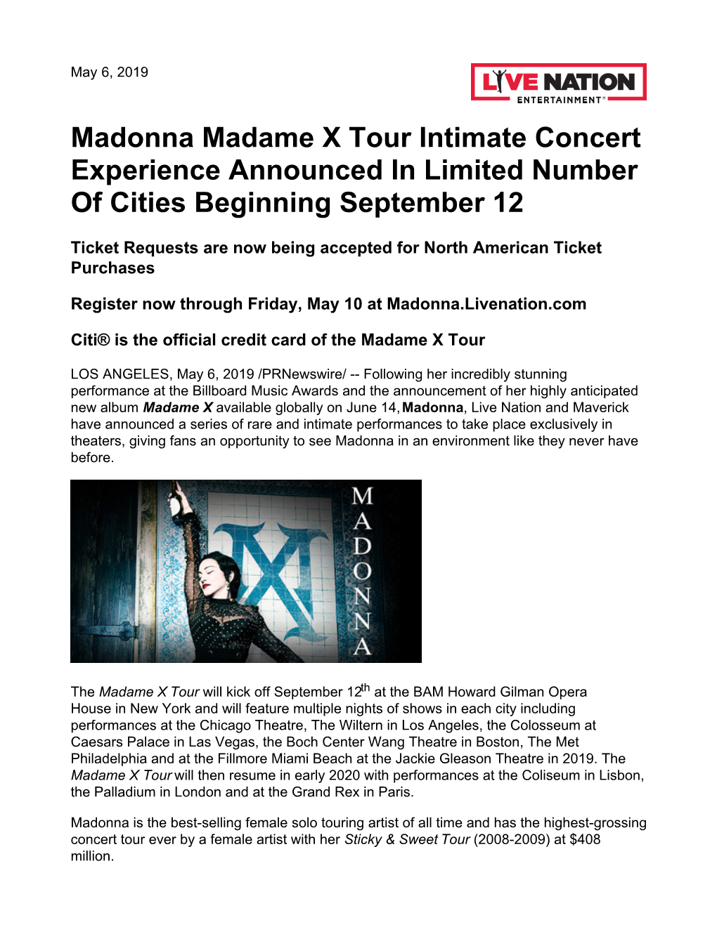 Madonna Madame X Tour Intimate Concert Experience Announced in Limited Number of Cities Beginning September 12