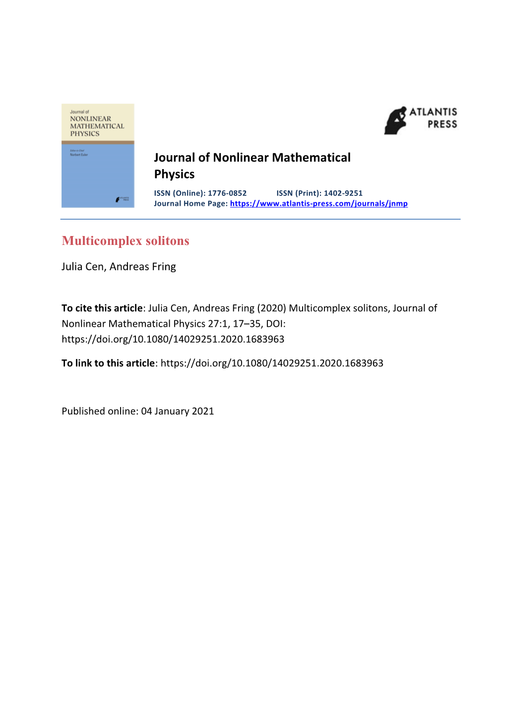 Journal of Nonlinear Mathematical Physics Multicomplex Solitons
