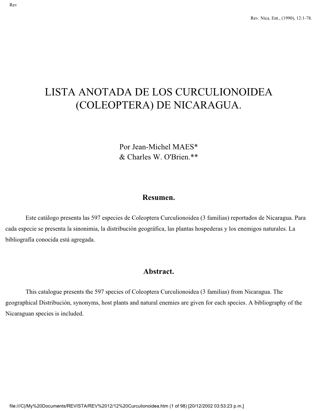 Lista Anotada De Los Curculionoidea (Coleoptera) De Nicaragua