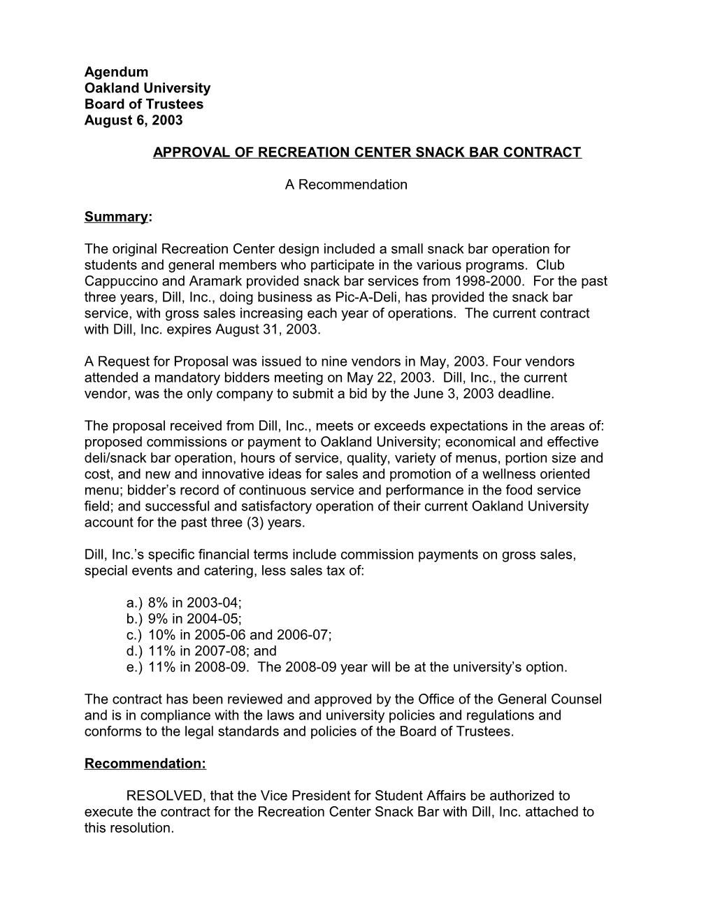 Approval of Recreation Center Snack Bar Contract