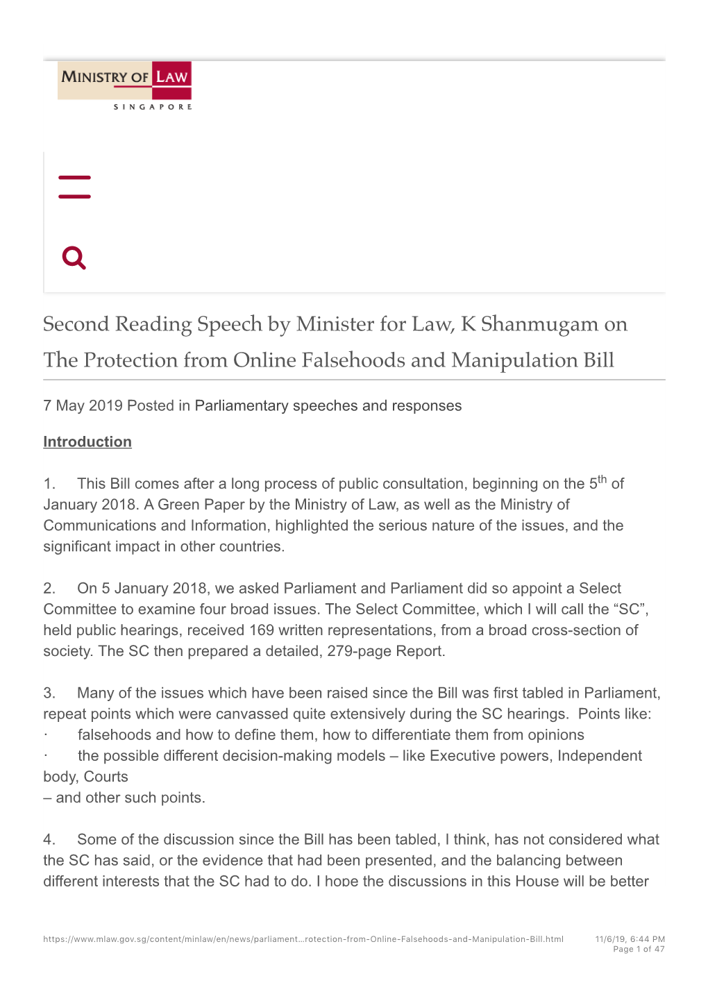 Second Reading Speech by Minister for Law, K Shanmugam on the Protection from Online Falsehoods and Manipulation Bill