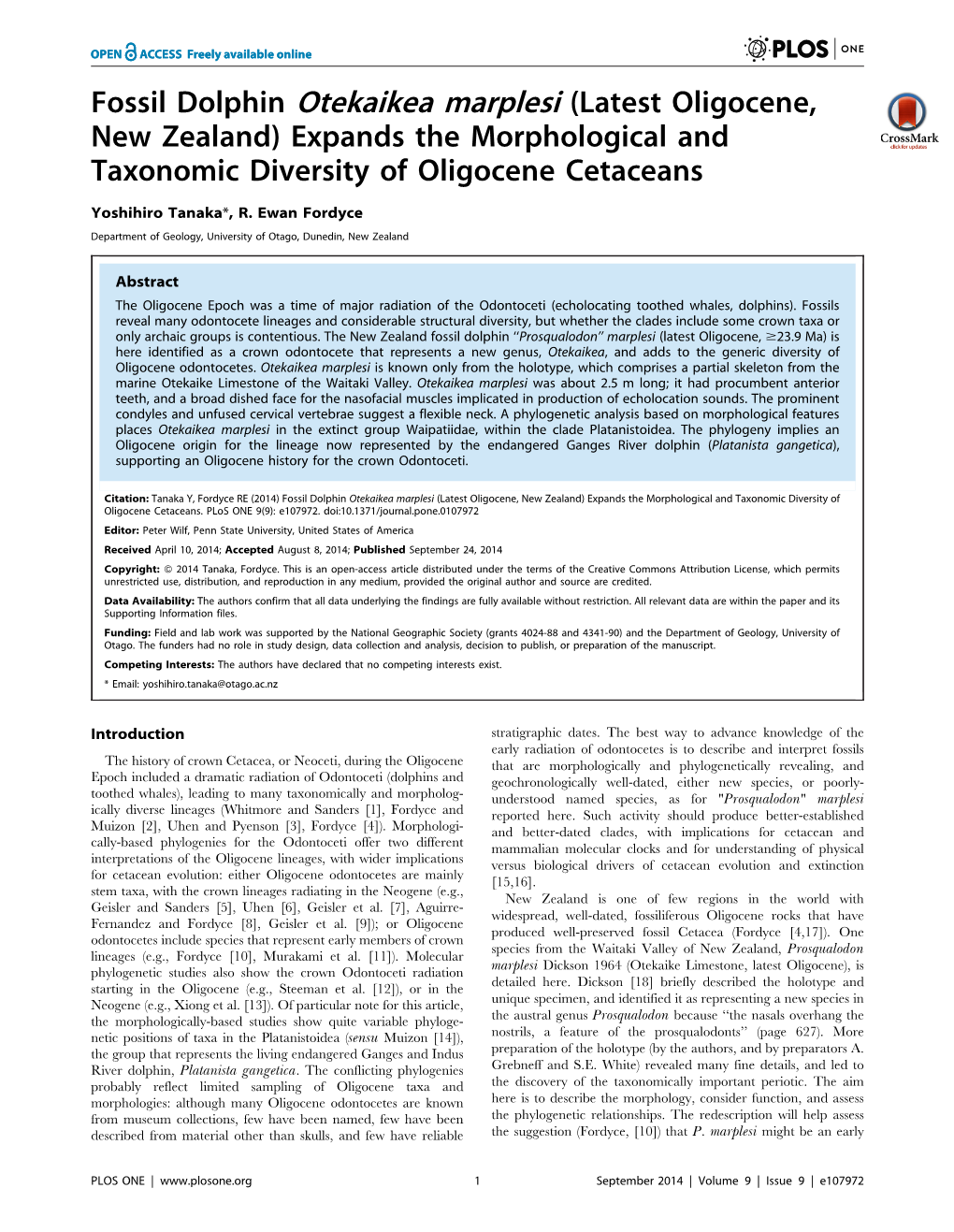 Fossil Dolphin Otekaikea Marplesi (Latest Oligocene, New Zealand) Expands the Morphological and Taxonomic Diversity of Oligocene Cetaceans