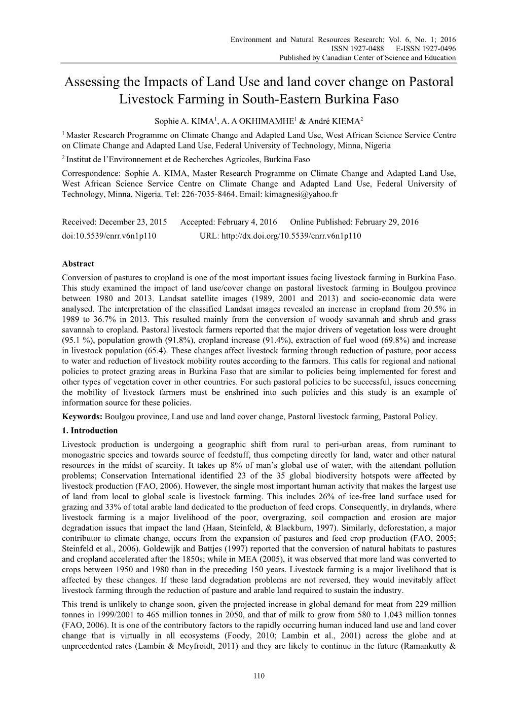 Assessing the Impacts of Land Use and Land Cover Change on Pastoral Livestock Farming in South-Eastern Burkina Faso