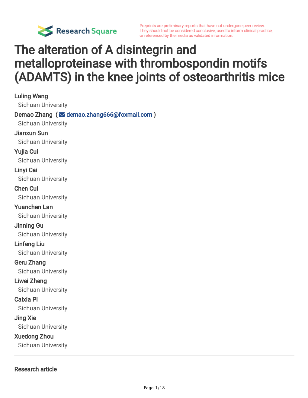 ADAMTS) in the Knee Joints of Osteoarthritis Mice